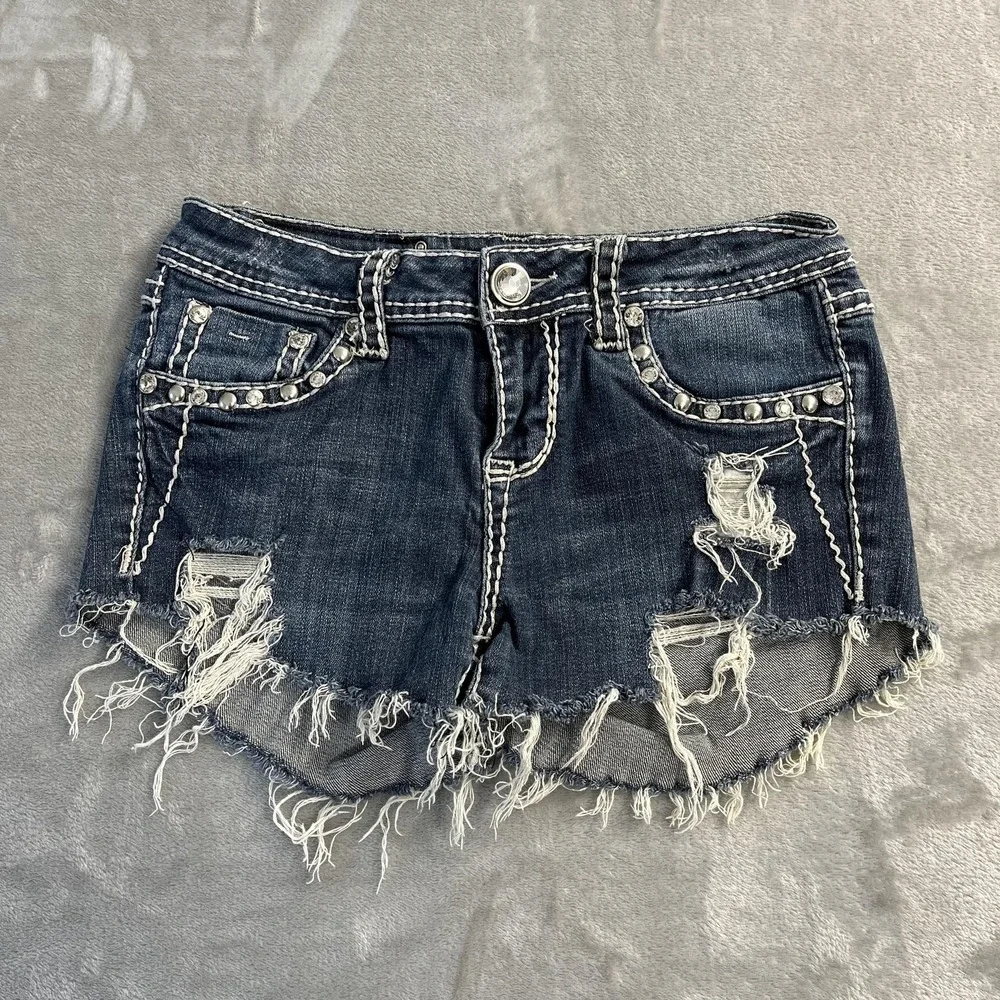 LA Idol USA Shorts Juniors 7 Blue Denim Cutoff Distressed Studded Rhinestone Y2K